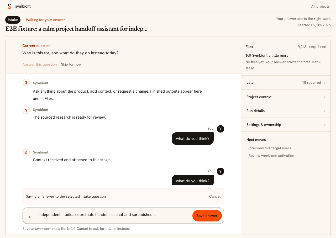 Symbiont answer mode shows Save answer below the conversation and keeps the current intake question visible.