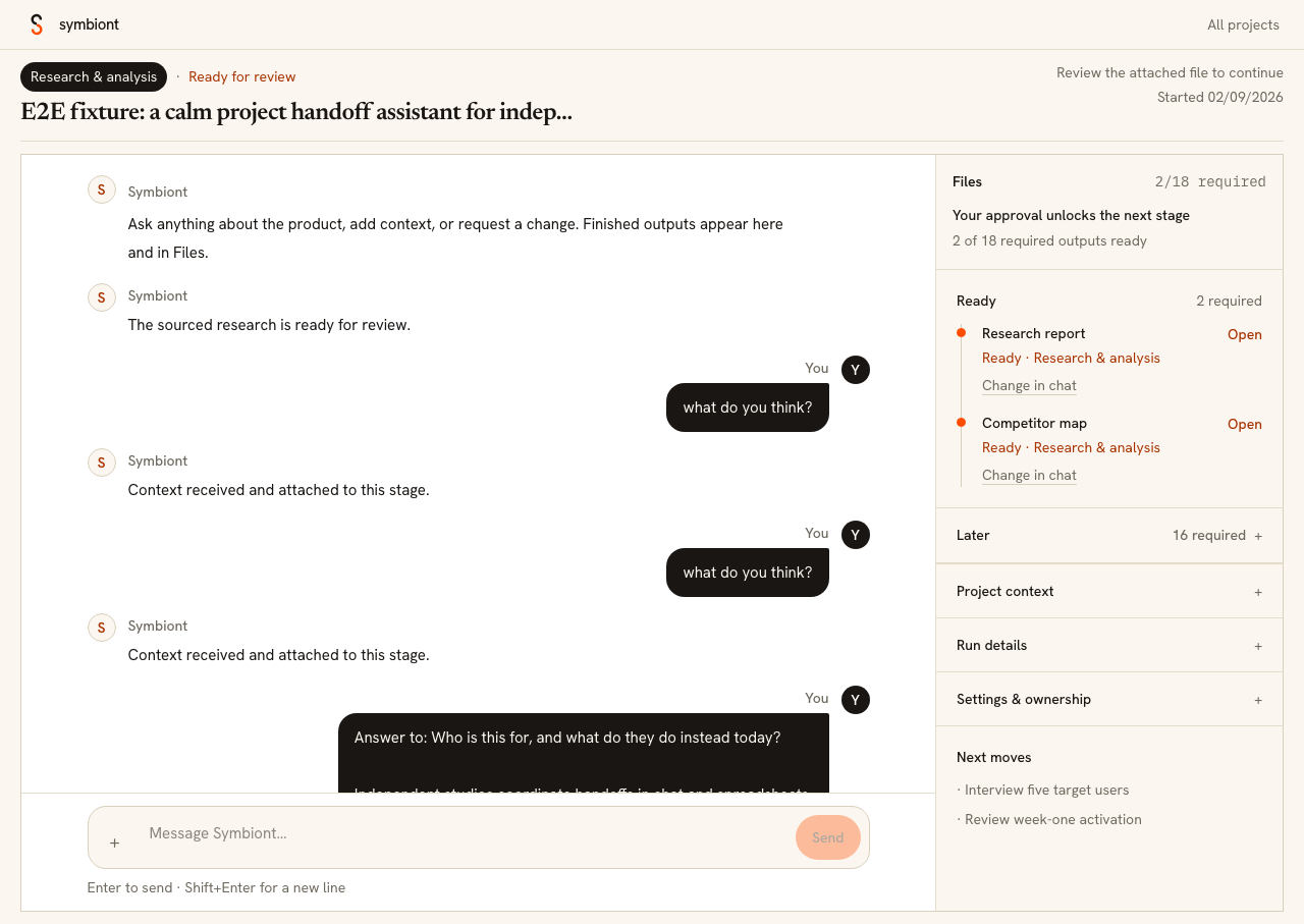The Symbiont Files panel lists a research report and competitor map with Open and Change in chat actions.