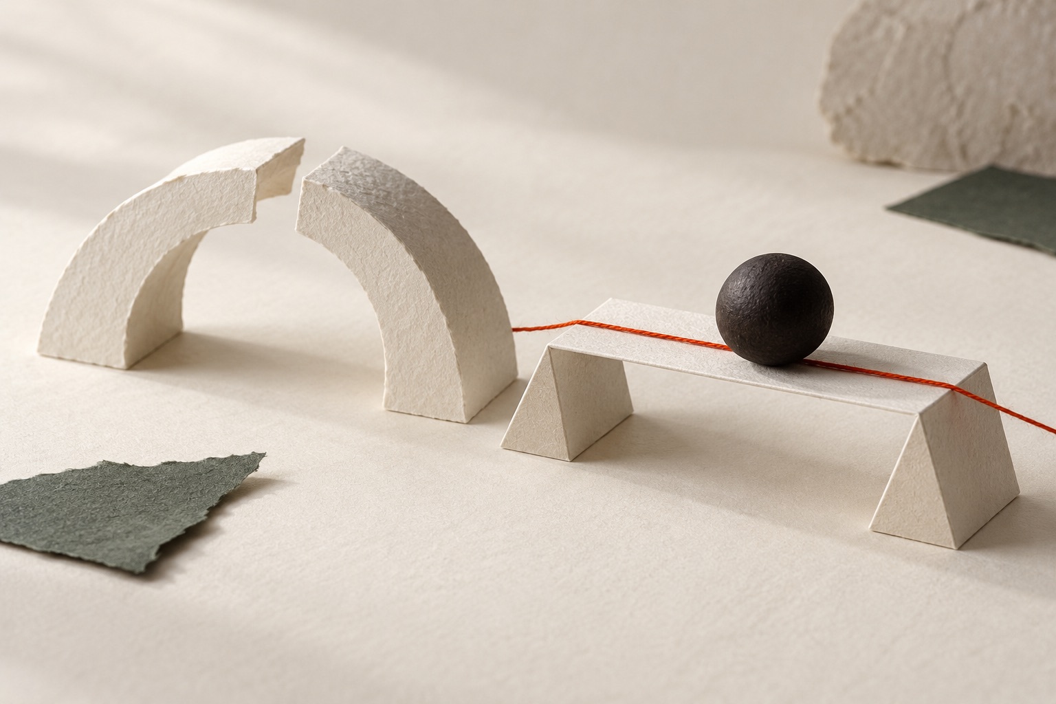 An incomplete paper arch beside a simpler bridge that carries a dark wooden sphere.
